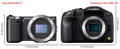 Größenvergleich: Sony Alpha NEX-5 vs. Panasonic Lumix DMC-G6 Größenvergleich: Sony Alpha NEX-5 vs. Panasonic Lumix DMC-G6