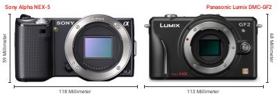 Größenvergleich: Sony Alpha NEX-5 vs. Panasonic Lumix DMC-GF2 Größenvergleich: Sony Alpha NEX-5 vs. Panasonic Lumix DMC-GF2