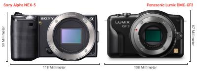 Größenvergleich: Sony Alpha NEX-5 vs. Panasonic Lumix DMC-GF3 Größenvergleich: Sony Alpha NEX-5 vs. Panasonic Lumix DMC-GF3