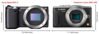 Größenvergleich: Sony Alpha NEX-5 vs. Panasonic Lumix DMC-GF6 Größenvergleich: Sony Alpha NEX-5 vs. Panasonic Lumix DMC-GF6