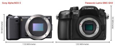 Größenvergleich: Sony Alpha NEX-5 vs. Panasonic Lumix DMC-GH4 Größenvergleich: Sony Alpha NEX-5 vs. Panasonic Lumix DMC-GH4