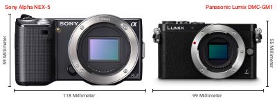 Größenvergleich: Sony Alpha NEX-5 vs. Panasonic Lumix DMC-GM1 Größenvergleich: Sony Alpha NEX-5 vs. Panasonic Lumix DMC-GM1