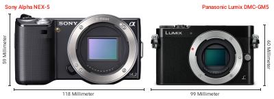 Größenvergleich: Sony Alpha NEX-5 vs. Panasonic Lumix DMC-GM5 Größenvergleich: Sony Alpha NEX-5 vs. Panasonic Lumix DMC-GM5