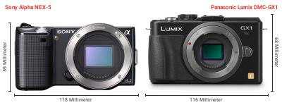 Größenvergleich: Sony Alpha NEX-5 vs. Panasonic Lumix DMC-GX1 Größenvergleich: Sony Alpha NEX-5 vs. Panasonic Lumix DMC-GX1