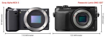Größenvergleich: Sony Alpha NEX-5 vs. Panasonic Lumix DMC-GX7 Größenvergleich: Sony Alpha NEX-5 vs. Panasonic Lumix DMC-GX7