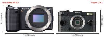 Größenvergleich: Sony Alpha NEX-5 vs. Pentax Q-S1 Größenvergleich: Sony Alpha NEX-5 vs. Pentax Q-S1