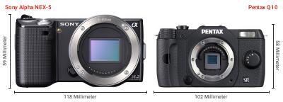 Größenvergleich: Sony Alpha NEX-5 vs. Pentax Q10 Größenvergleich: Sony Alpha NEX-5 vs. Pentax Q10