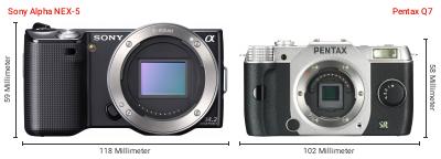 Größenvergleich: Sony Alpha NEX-5 vs. Pentax Q7 Größenvergleich: Sony Alpha NEX-5 vs. Pentax Q7