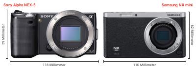 Größenvergleich: Sony Alpha NEX-5 vs. Samsung NX mini Größenvergleich: Sony Alpha NEX-5 vs. Samsung NX mini