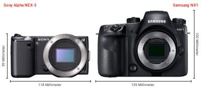 Größenvergleich: Sony Alpha NEX-5 vs. Samsung NX1 Größenvergleich: Sony Alpha NEX-5 vs. Samsung NX1