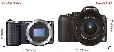 Größenvergleich: Sony Alpha NEX-5 vs. Samsung NX20 Größenvergleich: Sony Alpha NEX-5 vs. Samsung NX20