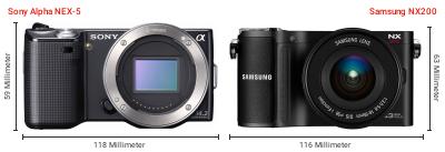 Größenvergleich: Sony Alpha NEX-5 vs. Samsung NX200 Größenvergleich: Sony Alpha NEX-5 vs. Samsung NX200
