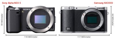 Größenvergleich: Sony Alpha NEX-5 vs. Samsung NX3000 Größenvergleich: Sony Alpha NEX-5 vs. Samsung NX3000