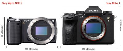 Größenvergleich: Sony Alpha NEX-5 vs. Sony Alpha 1 Größenvergleich: Sony Alpha NEX-5 vs. Sony Alpha 1