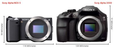 Größenvergleich: Sony Alpha NEX-5 vs. Sony Alpha 3000 Größenvergleich: Sony Alpha NEX-5 vs. Sony Alpha 3000