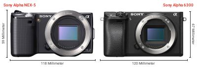 Größenvergleich: Sony Alpha NEX-5 vs. Sony Alpha 6300 Größenvergleich: Sony Alpha NEX-5 vs. Sony Alpha 6300