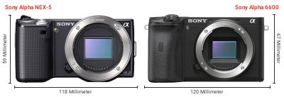 Größenvergleich: Sony Alpha NEX-5 vs. Sony Alpha 6600 Größenvergleich: Sony Alpha NEX-5 vs. Sony Alpha 6600