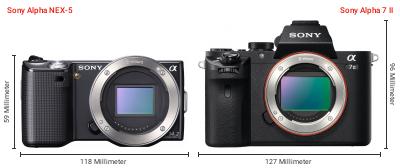 Größenvergleich: Sony Alpha NEX-5 vs. Sony Alpha 7 II Größenvergleich: Sony Alpha NEX-5 vs. Sony Alpha 7 II