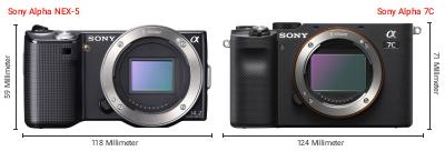Größenvergleich: Sony Alpha NEX-5 vs. Sony Alpha 7C Größenvergleich: Sony Alpha NEX-5 vs. Sony Alpha 7C