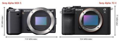 Größenvergleich: Sony Alpha NEX-5 vs. Sony Alpha 7C II Größenvergleich: Sony Alpha NEX-5 vs. Sony Alpha 7C II