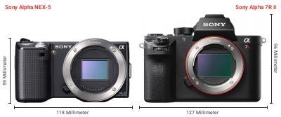 Größenvergleich: Sony Alpha NEX-5 vs. Sony Alpha 7R II Größenvergleich: Sony Alpha NEX-5 vs. Sony Alpha 7R II