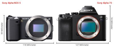 Größenvergleich: Sony Alpha NEX-5 vs. Sony Alpha 7S Größenvergleich: Sony Alpha NEX-5 vs. Sony Alpha 7S