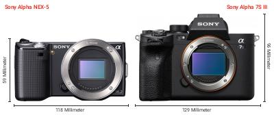 Größenvergleich: Sony Alpha NEX-5 vs. Sony Alpha 7S III Größenvergleich: Sony Alpha NEX-5 vs. Sony Alpha 7S III