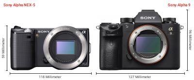 Größenvergleich: Sony Alpha NEX-5 vs. Sony Alpha 9 Größenvergleich: Sony Alpha NEX-5 vs. Sony Alpha 9