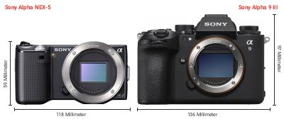 Größenvergleich: Sony Alpha NEX-5 vs. Sony Alpha 9 III Größenvergleich: Sony Alpha NEX-5 vs. Sony Alpha 9 III