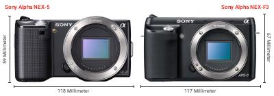 Größenvergleich: Sony Alpha NEX-5 vs. Sony Alpha NEX-F3 Größenvergleich: Sony Alpha NEX-5 vs. Sony Alpha NEX-F3