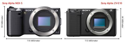 Größenvergleich: Sony Alpha NEX-5 vs. Sony Alpha ZV-E10 Größenvergleich: Sony Alpha NEX-5 vs. Sony Alpha ZV-E10