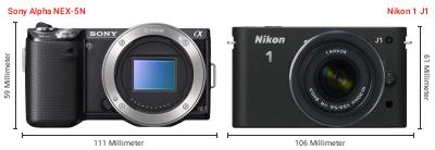 Größenvergleich: Sony Alpha NEX-5N vs. Nikon 1 J1 Größenvergleich: Sony Alpha NEX-5N vs. Nikon 1 J1