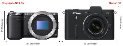 Größenvergleich: Sony Alpha NEX-5N vs. Nikon 1 V1 Größenvergleich: Sony Alpha NEX-5N vs. Nikon 1 V1