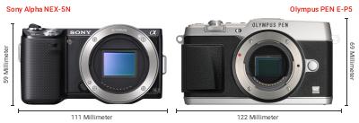 Größenvergleich: Sony Alpha NEX-5N vs. OM System PEN E-P5 Größenvergleich: Sony Alpha NEX-5N vs. OM System PEN E-P5