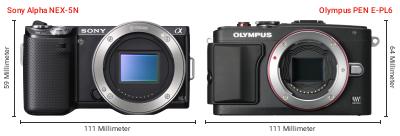 Größenvergleich: Sony Alpha NEX-5N vs. OM System PEN E-PL6