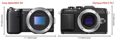 Größenvergleich: Sony Alpha NEX-5N vs. OM System PEN E-PL7 Größenvergleich: Sony Alpha NEX-5N vs. OM System PEN E-PL7