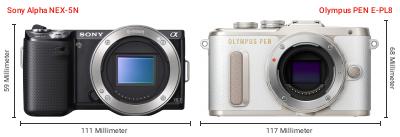 Größenvergleich: Sony Alpha NEX-5N vs. OM System PEN E-PL8 Größenvergleich: Sony Alpha NEX-5N vs. OM System PEN E-PL8