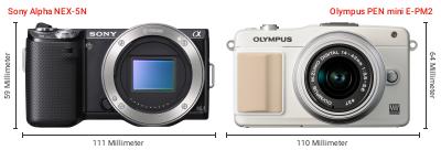 Größenvergleich: Sony Alpha NEX-5N vs. OM System PEN mini E-PM2 Größenvergleich: Sony Alpha NEX-5N vs. OM System PEN mini E-PM2