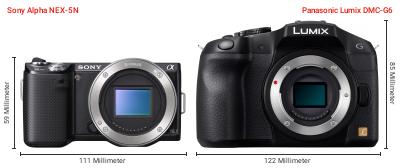 Größenvergleich: Sony Alpha NEX-5N vs. Panasonic Lumix DMC-G6 Größenvergleich: Sony Alpha NEX-5N vs. Panasonic Lumix DMC-G6