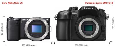 Größenvergleich: Sony Alpha NEX-5N vs. Panasonic Lumix DMC-GH4 Größenvergleich: Sony Alpha NEX-5N vs. Panasonic Lumix DMC-GH4