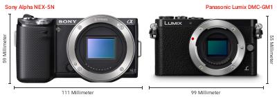 Größenvergleich: Sony Alpha NEX-5N vs. Panasonic Lumix DMC-GM1 Größenvergleich: Sony Alpha NEX-5N vs. Panasonic Lumix DMC-GM1
