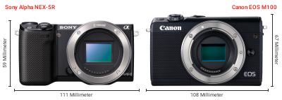 Größenvergleich: Sony Alpha NEX-5R vs. Canon EOS M100 Größenvergleich: Sony Alpha NEX-5R vs. Canon EOS M100