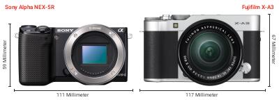 Größenvergleich: Sony Alpha NEX-5R vs. Fujifilm X-A3 Größenvergleich: Sony Alpha NEX-5R vs. Fujifilm X-A3