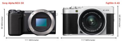 Größenvergleich: Sony Alpha NEX-5R vs. Fujifilm X-A5 Größenvergleich: Sony Alpha NEX-5R vs. Fujifilm X-A5