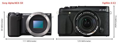 Größenvergleich: Sony Alpha NEX-5R vs. Fujifilm X-E2 Größenvergleich: Sony Alpha NEX-5R vs. Fujifilm X-E2