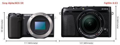Größenvergleich: Sony Alpha NEX-5R vs. Fujifilm X-E3 Größenvergleich: Sony Alpha NEX-5R vs. Fujifilm X-E3