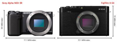 Größenvergleich: Sony Alpha NEX-5R vs. Fujifilm X-E4 Größenvergleich: Sony Alpha NEX-5R vs. Fujifilm X-E4