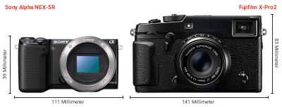 Größenvergleich: Sony Alpha NEX-5R vs. Fujifilm X-Pro2 Größenvergleich: Sony Alpha NEX-5R vs. Fujifilm X-Pro2