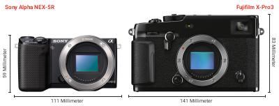 Größenvergleich: Sony Alpha NEX-5R vs. Fujifilm X-Pro3