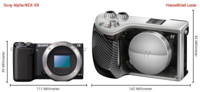 Größenvergleich: Sony Alpha NEX-5R vs. Hasselblad Lunar Größenvergleich: Sony Alpha NEX-5R vs. Hasselblad Lunar